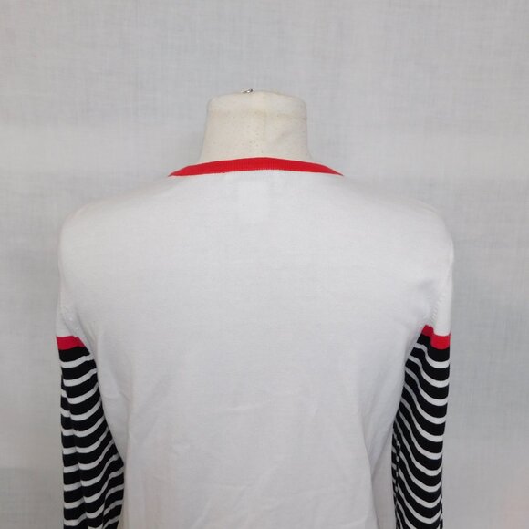 Northern Reflections Women M White Cardigan Sweater Red Navy Blue Striped detail - Picture 9 of 10